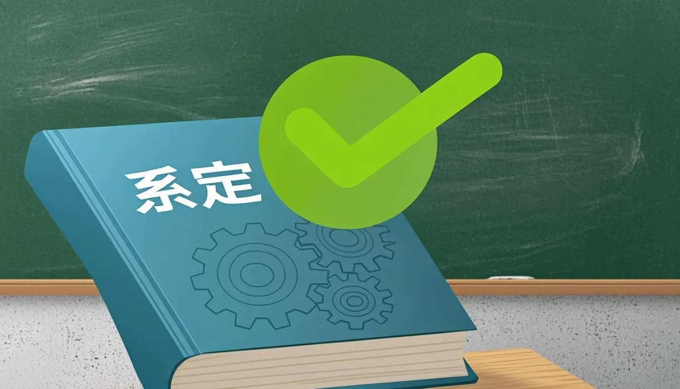 کتاب آبی با چرخ‌دنده‌ها روی تخته‌سیاه و علامت تیک بزرگ؛ نمادی از قواعد و تمرین ساختار تلفظ
